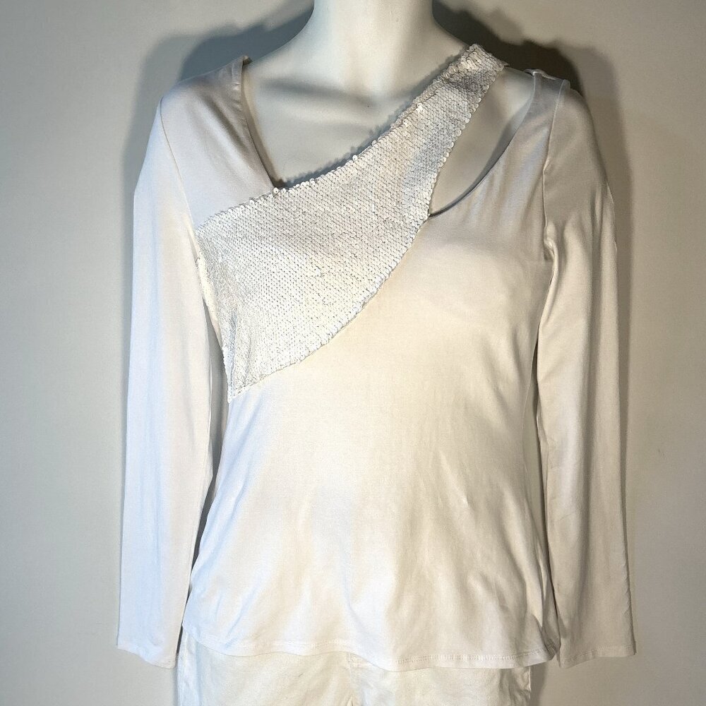 Boston Proper SZM White Top Sequin Asymmetrical Cut Out Dressy 80 Club Party Y2K